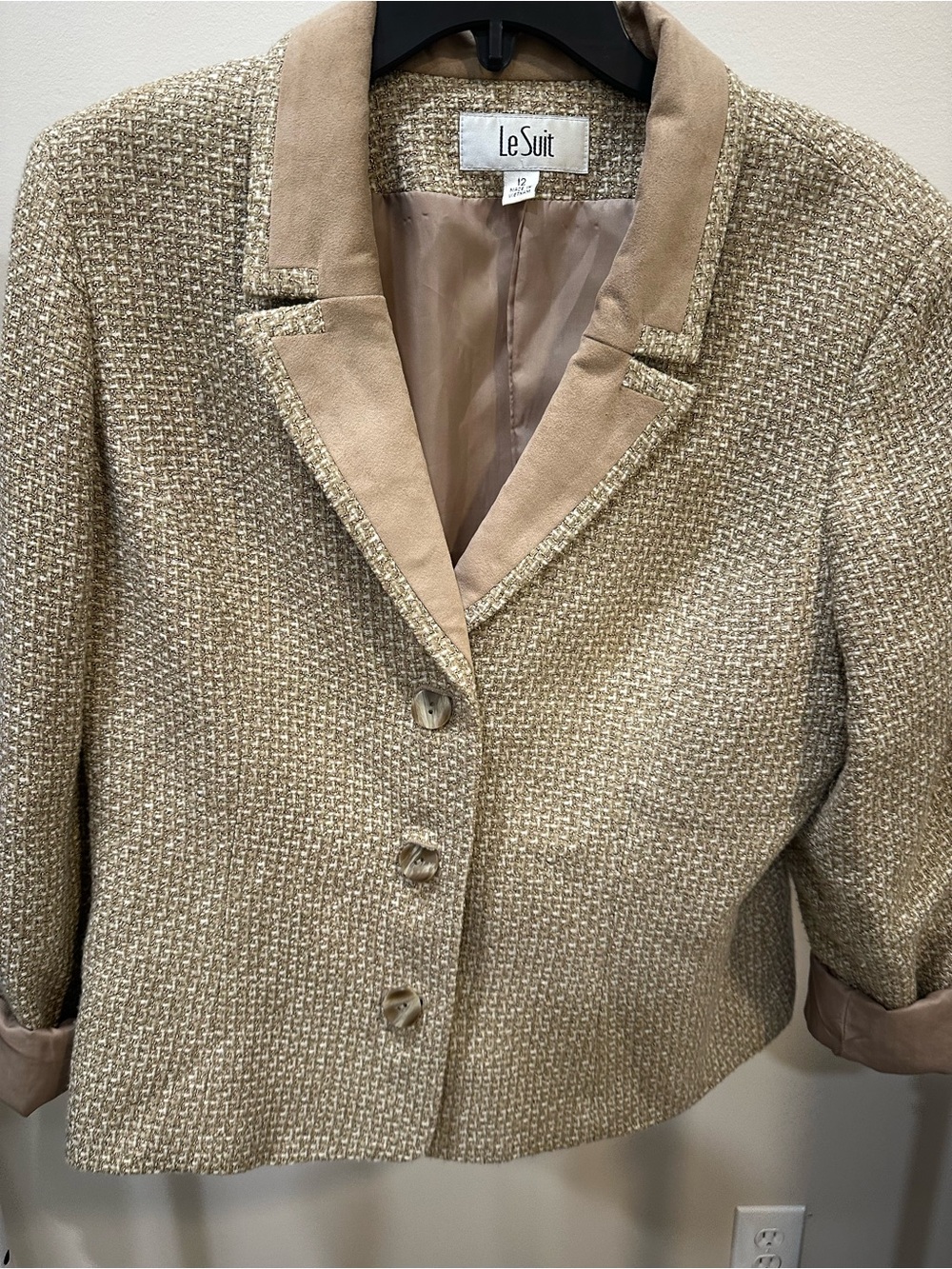 Le Suit Tan & Beige Tweed Cropped Blazer and Skirt